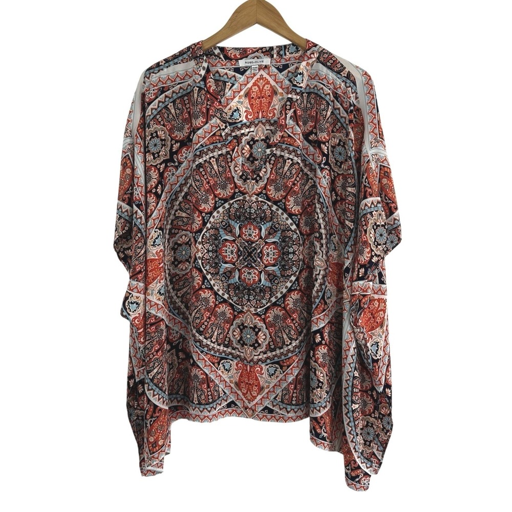 Rose & Olive Poncho Top Womens 1X/2X‎ Bohemian Orange Mandala Floral Festival